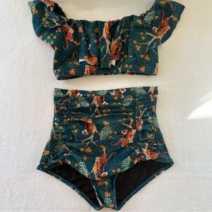 Unique Vintage Teal and Orange Tiger Print Swimsuit